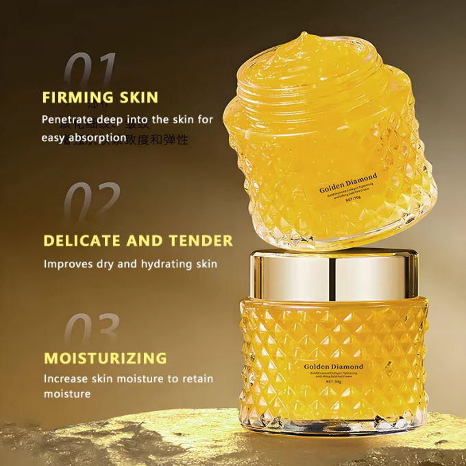 Close-up of gold foil collagen face كريم texture